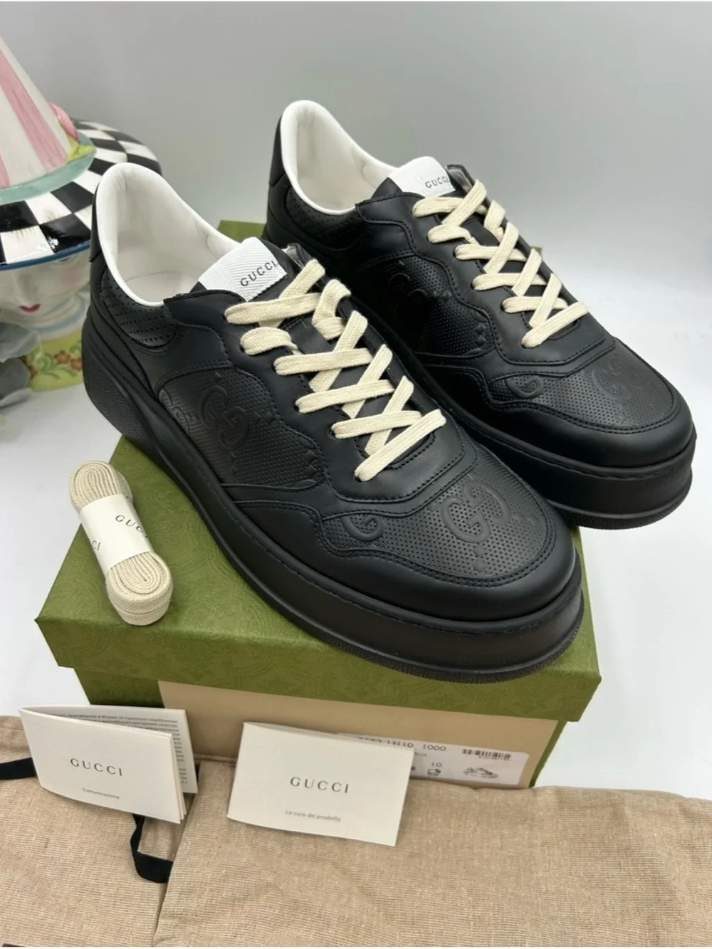 Gucci GG embossed black leather sneakers size 10 fits 10.5 US made Italy